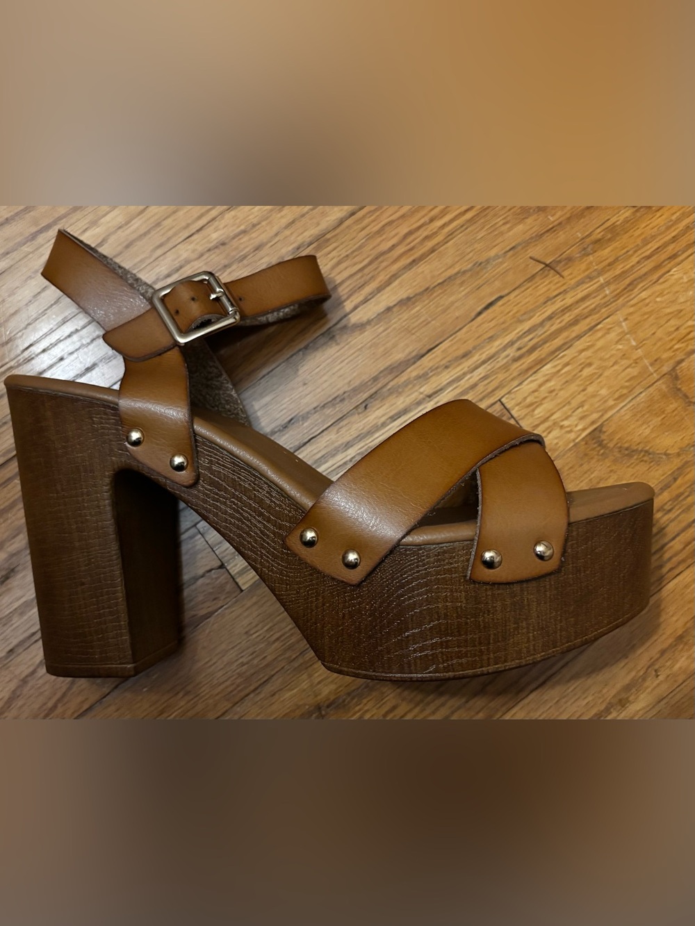 Women’s Limelight Cognac Platform Sandal with Wood Effect Heel Size 11